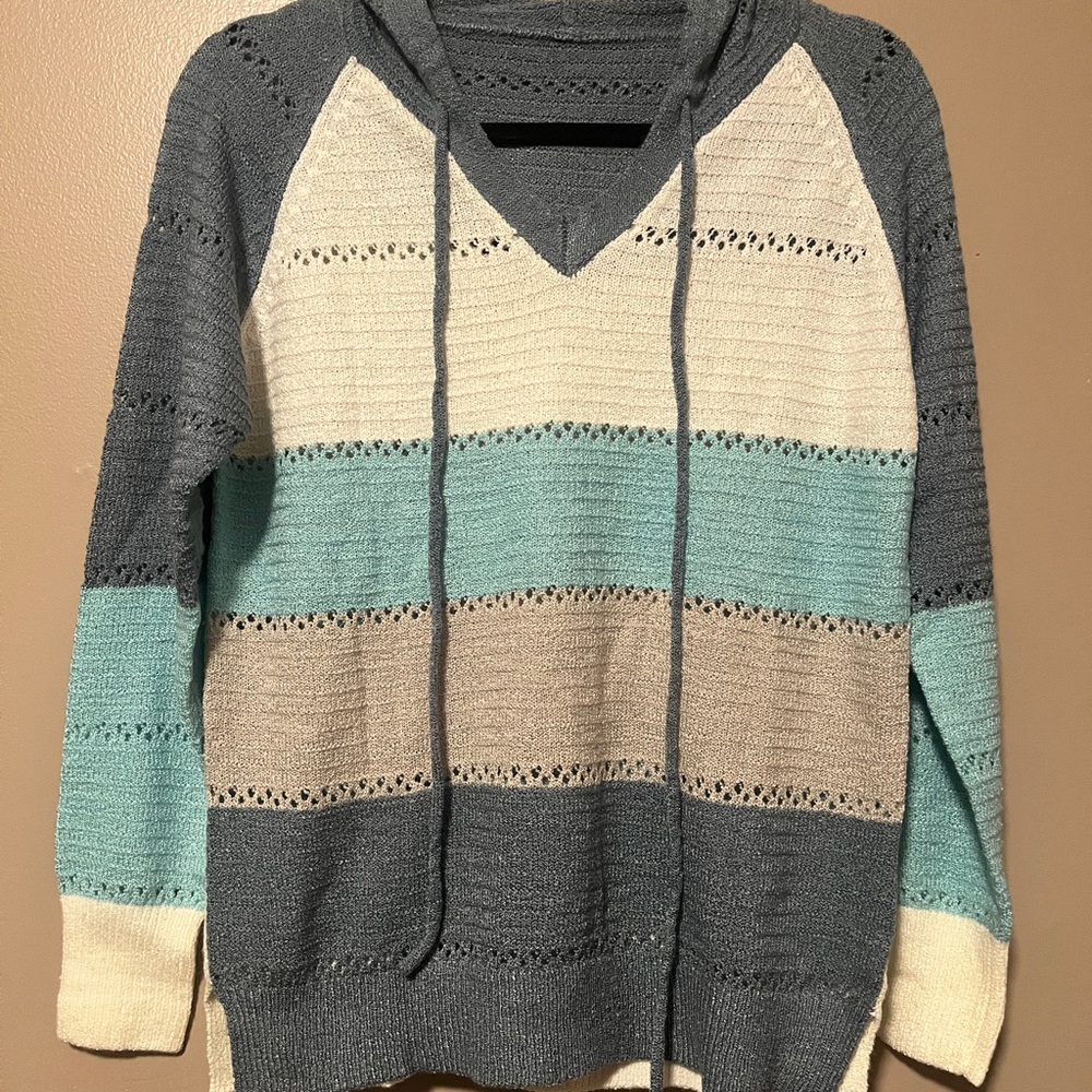 Hooded Knit V-Neck Striped Sweater in Navy Blue, Cream, and Teal
